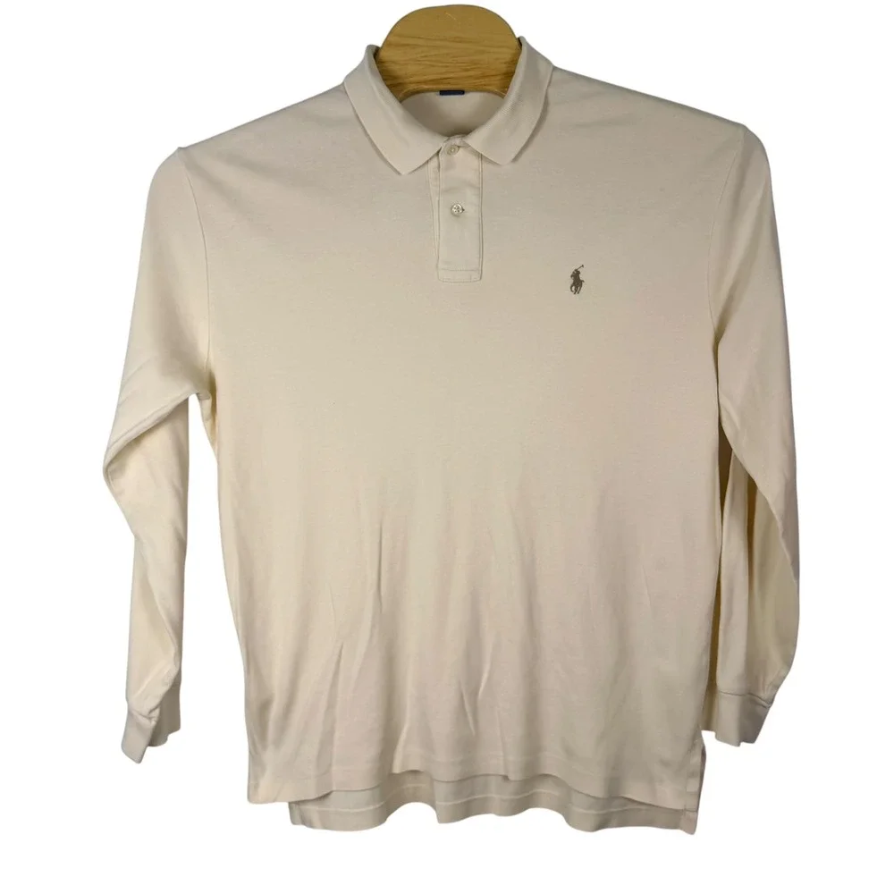 Vintage Polo Ralph Lauren Polo Shirt Mens L Ivory Cream Long Sleeve Classic Pony