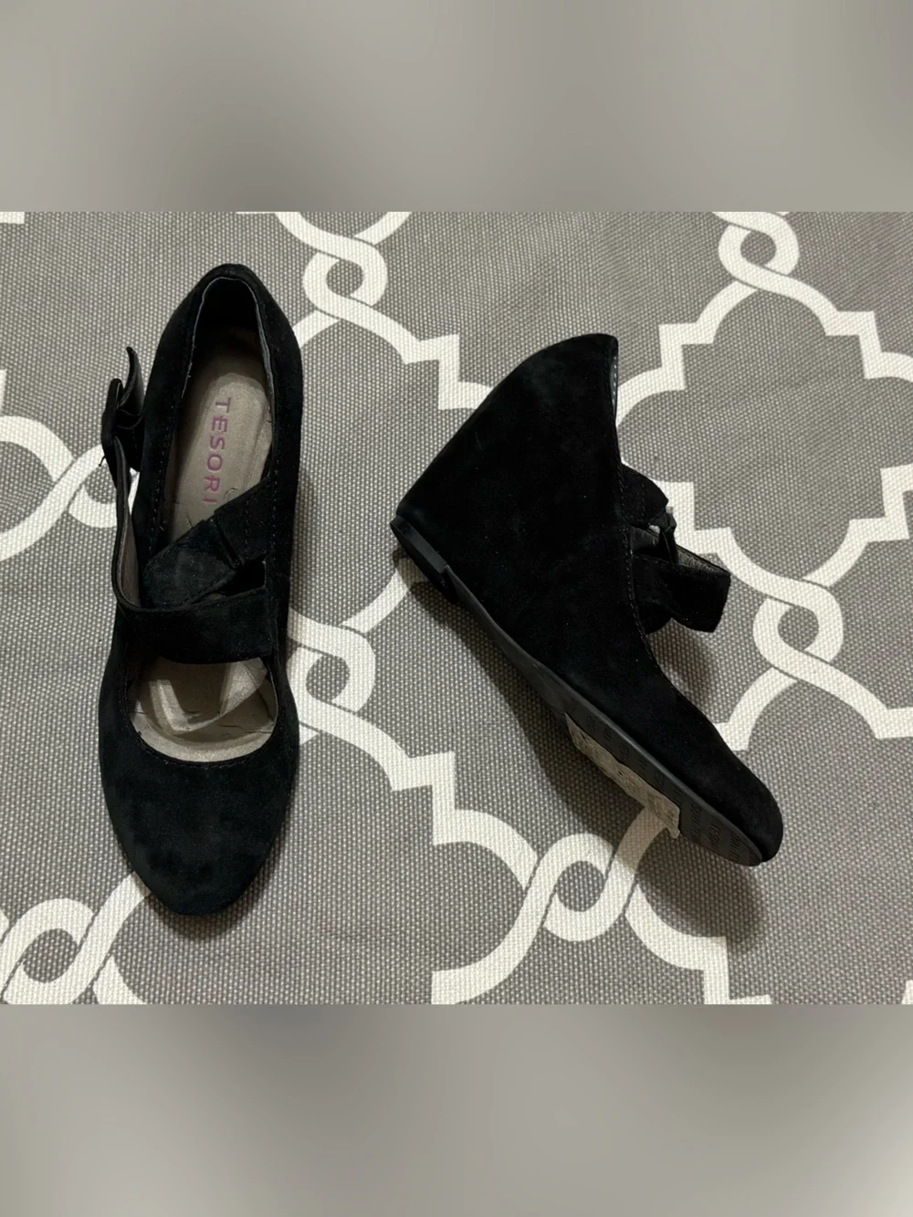 Tesori Black Suede Wedge Mary Jane Heels