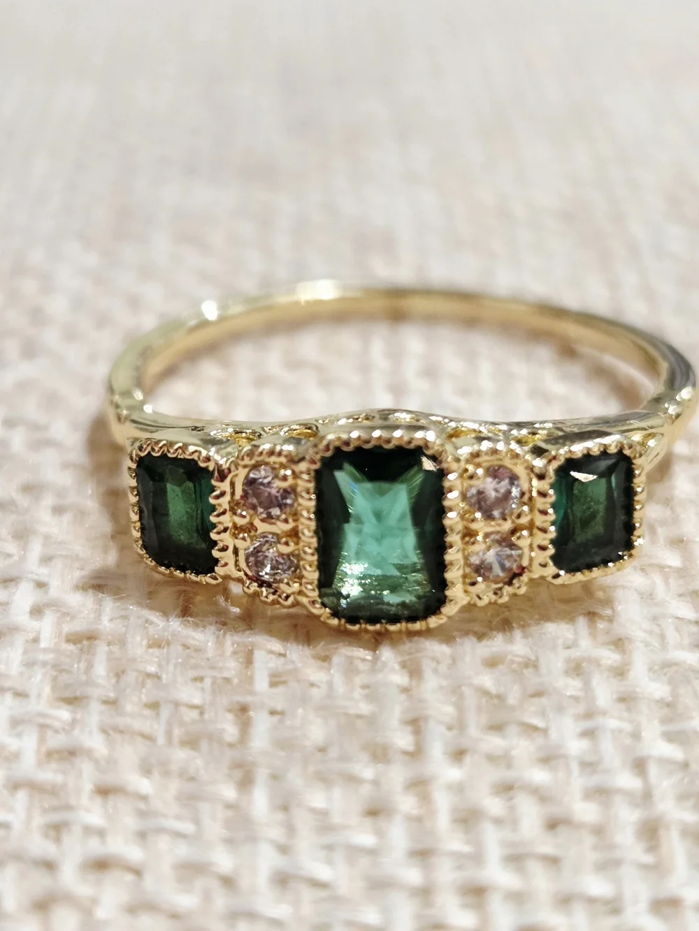Gold Emerald Green Lab Emerald Bar Ring