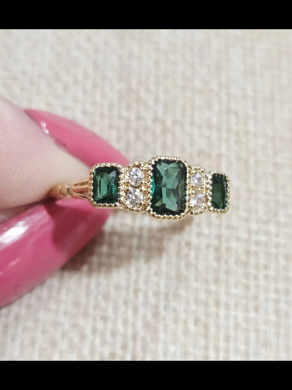 Gold Emerald Green Lab Emerald Bar Ring