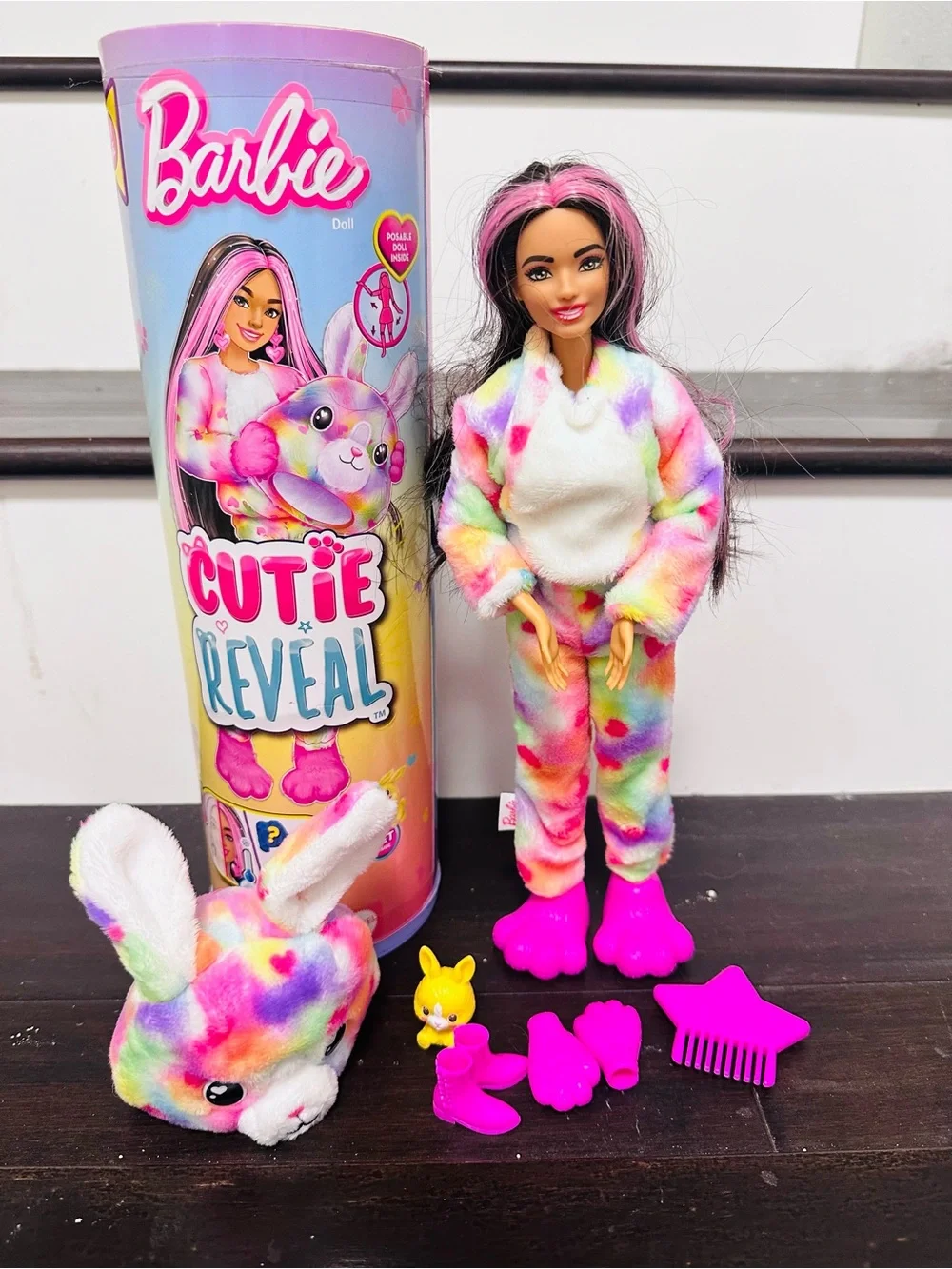 Barbie Doll in Rainbow Plush Pajamas with Bright Pink Accessories