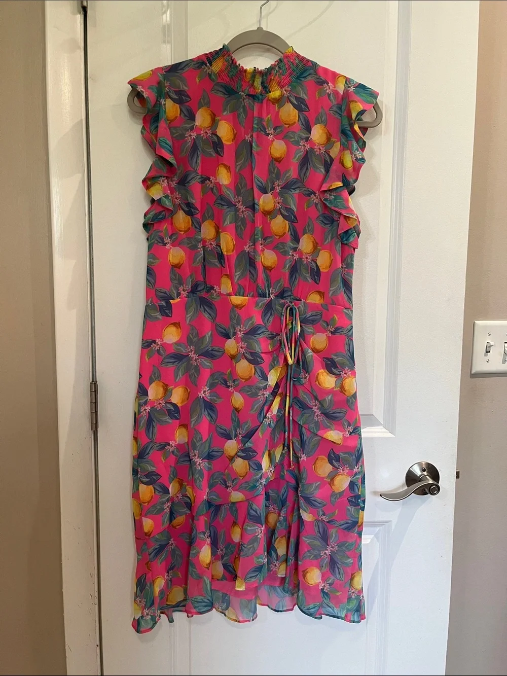 Sam Edelman Tropical Lemon Print High Neck Chiffon Shift Dress Size 12 Pink NWT