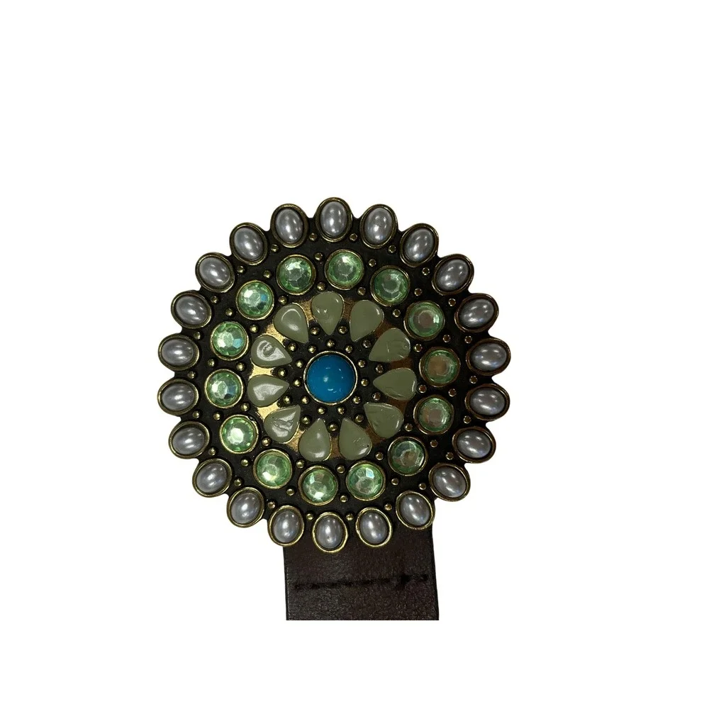 Gap Leather Belt M Brown Medallion Buckle Green Blue Jewels Boho Indie Eclectic