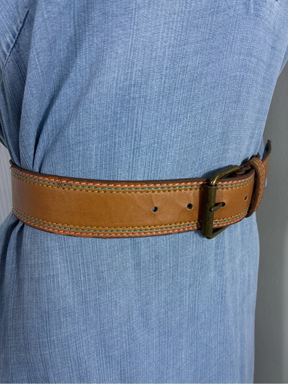 Womens belt 38” long Brown Faux Leather with Contrast Stitching