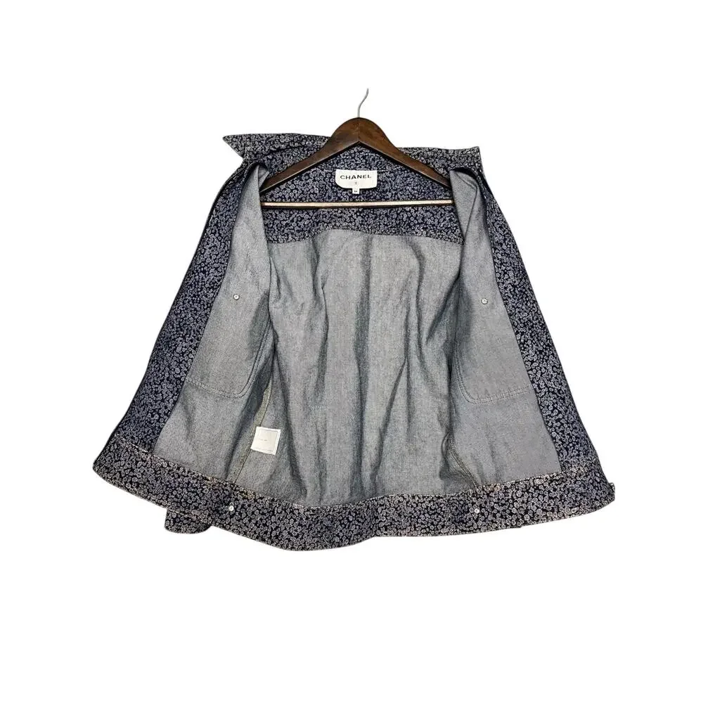 CHANEL Camellia CC Floral Denim Jean Jacket Oversized Bomber Size 34 Women’s 2