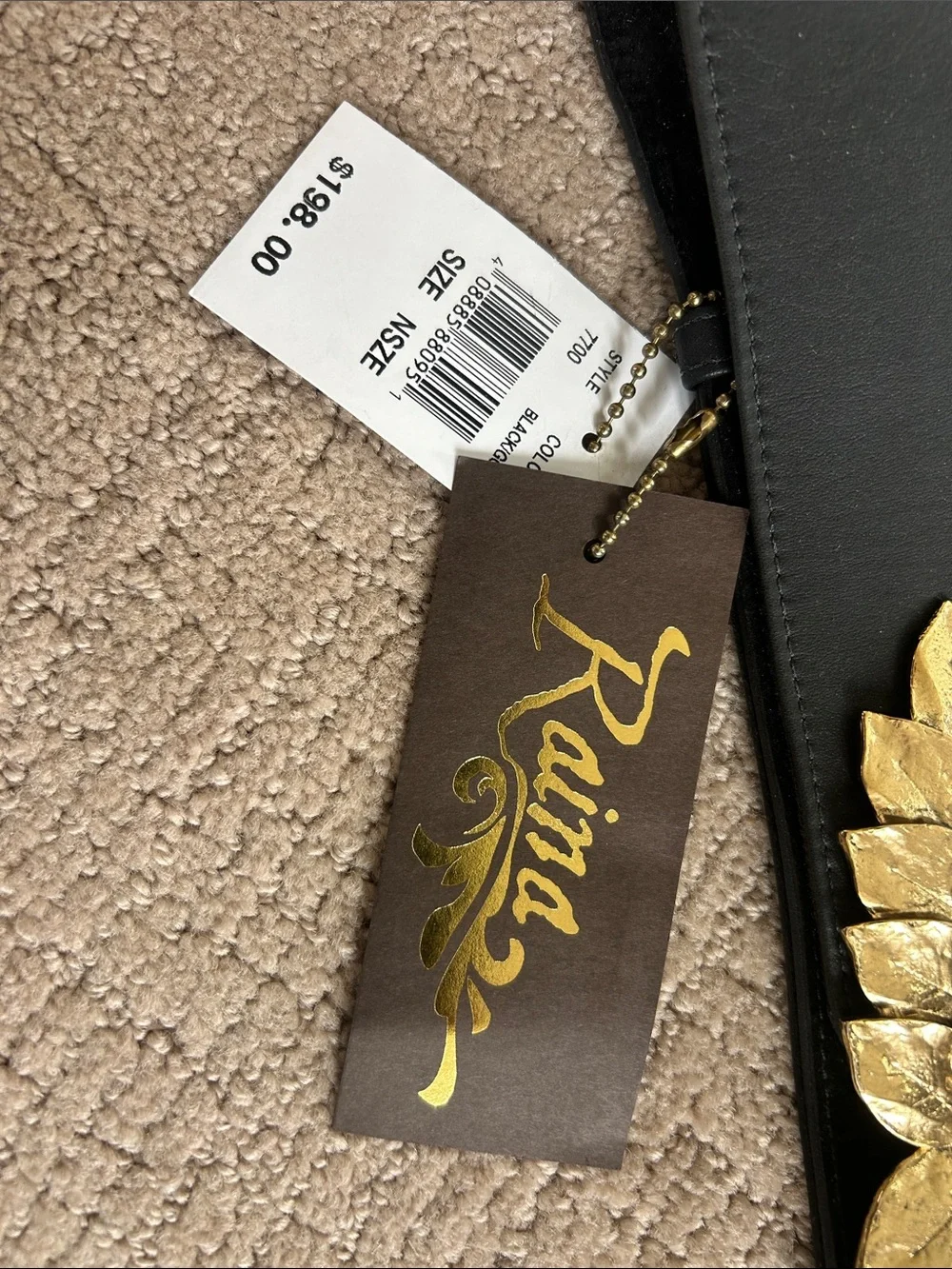 Black Elastic Waist Belt with Gold Leaf Detail