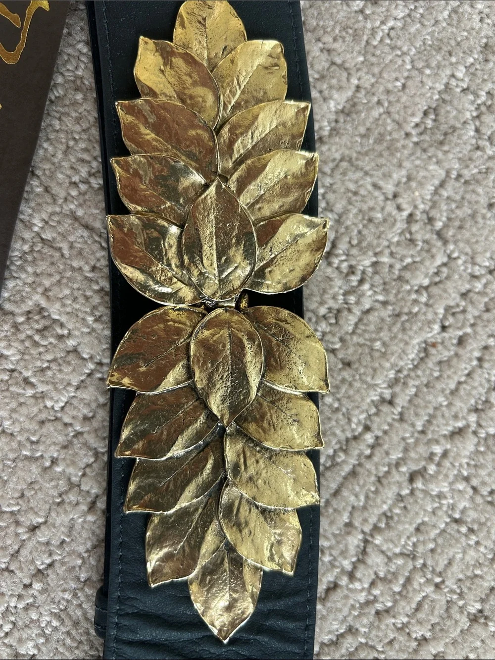 Black Elastic Waist Belt with Gold Leaf Detail
