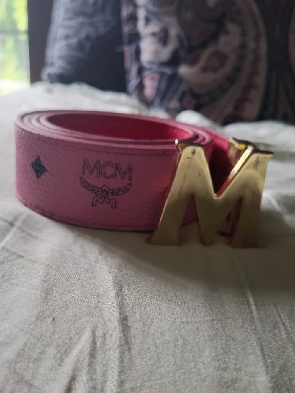 MCM Pink Leather Belt with Gold M Logo Buckle