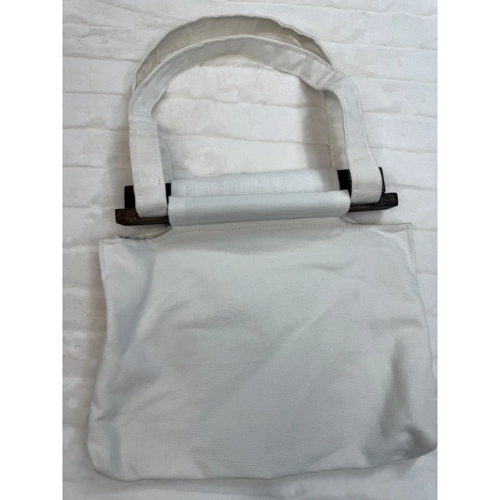 Embroidered Canvas Tote‎ Bag Womens White Yellow Flower Bird Wood Handle Purse