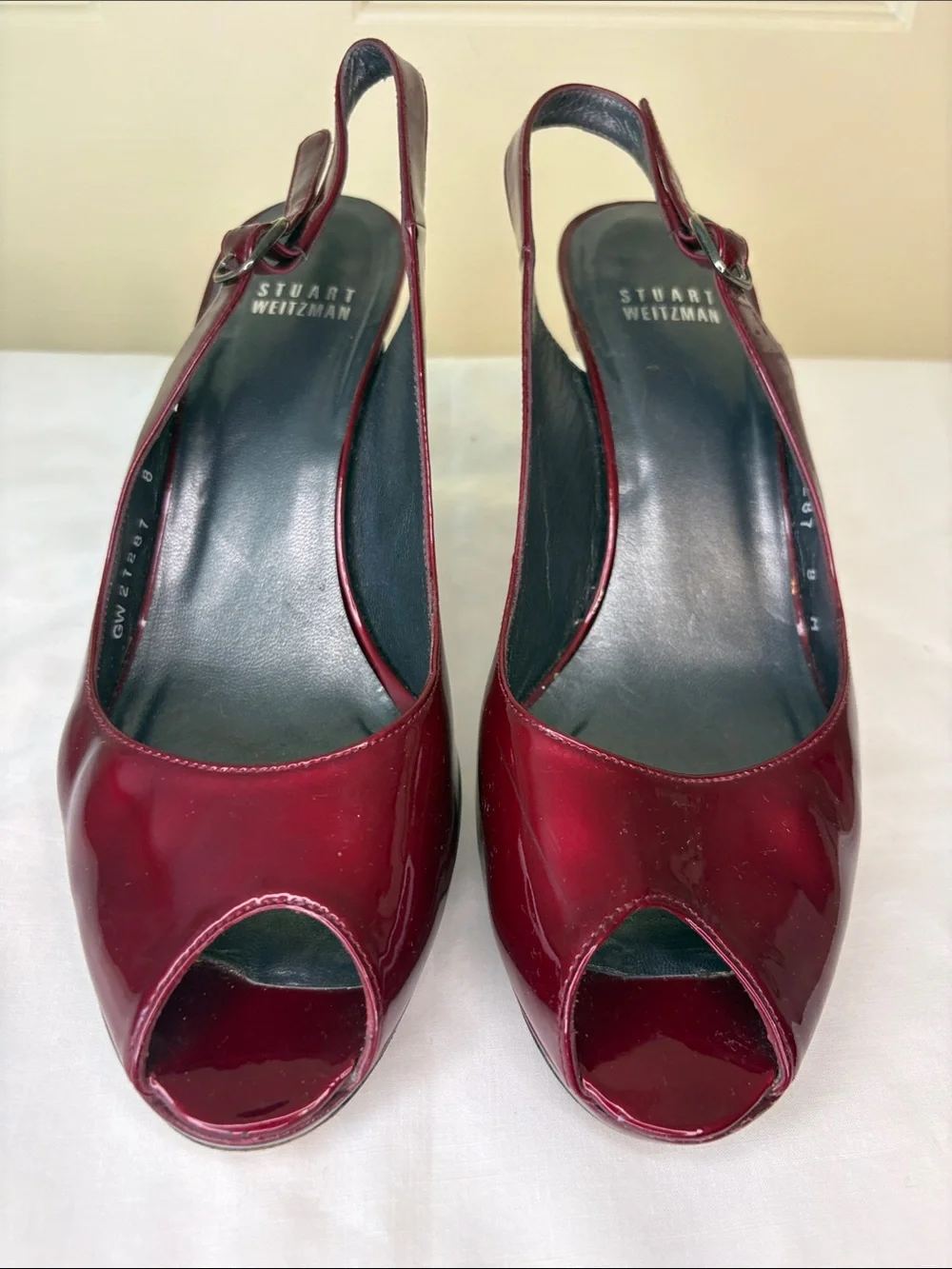 Stuart Weitzman Burgundy Red Patent Peep Toe Sling Back Heels Retro Style Size 8