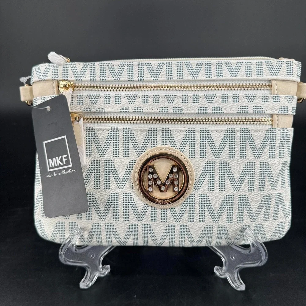 MKF Collection by Mia K Crossbody Purse WOMENS Kissaten Milan White Logo Zip NEW