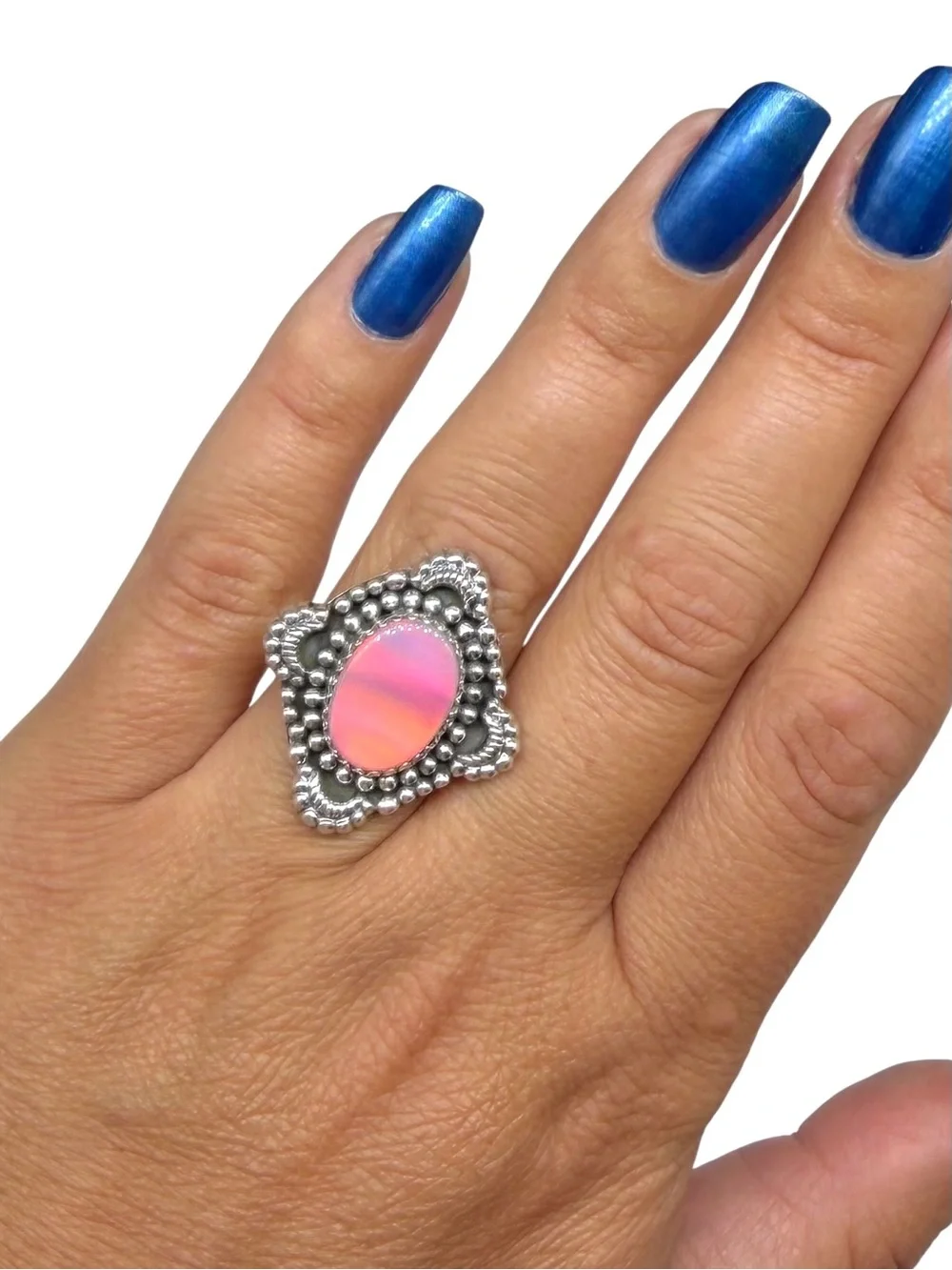 Aurora Fire Opal Ring Size 7 Solid 925 Sterling Silver Pink Aura Stone