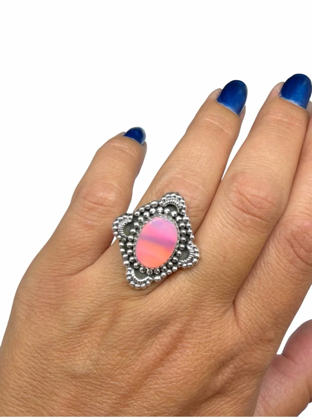 Aurora Fire Opal Ring Size 7 Solid 925 Sterling Silver Pink Aura Stone