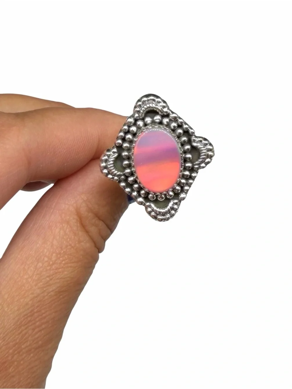 Aurora Fire Opal Ring Size 7 Solid 925 Sterling Silver Pink Aura Stone