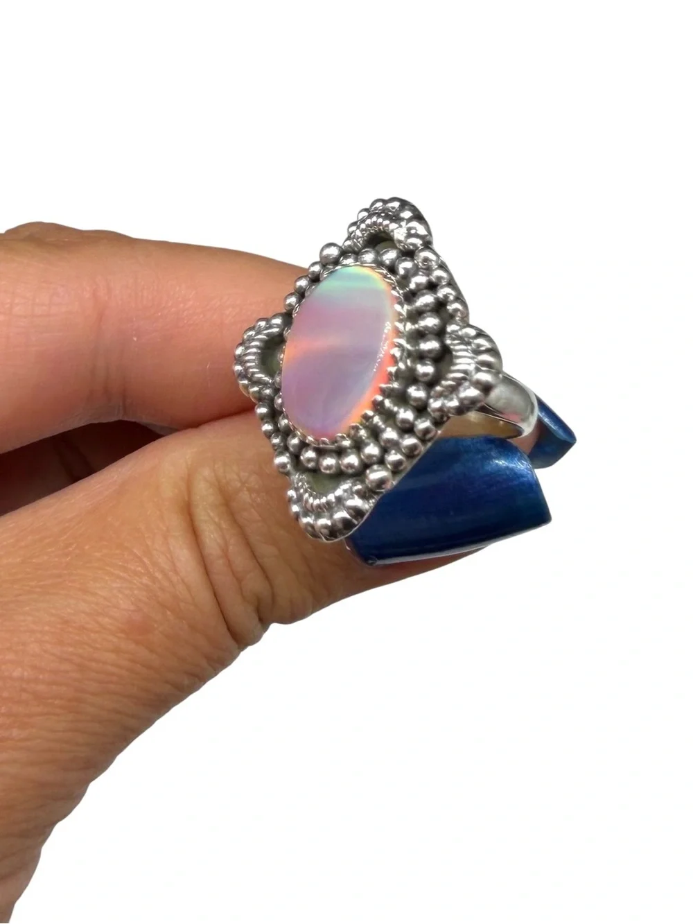 Aurora Fire Opal Ring Size 7 Solid 925 Sterling Silver Pink Aura Stone