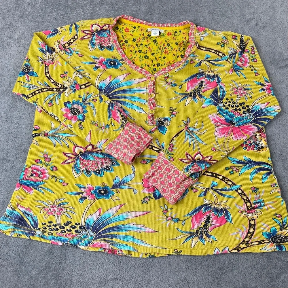Sundance Women Large Pajama Set Yellow Floral Waffle Knit Cotton Henley Joggers