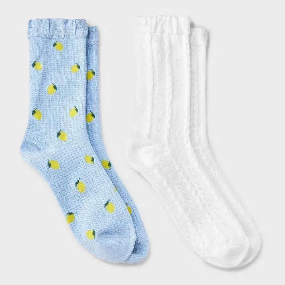 Women's Lemons 2pk Crew Socks with Ruffle Cuff - Auden Blue/White 4-10‎