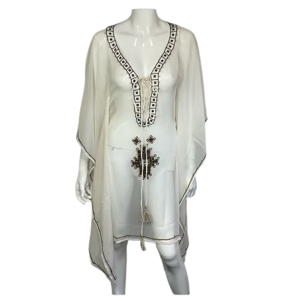 NEW Le Soleil Miami White Brown 100% Silk Tassel Front Tunic Dress Size S/M