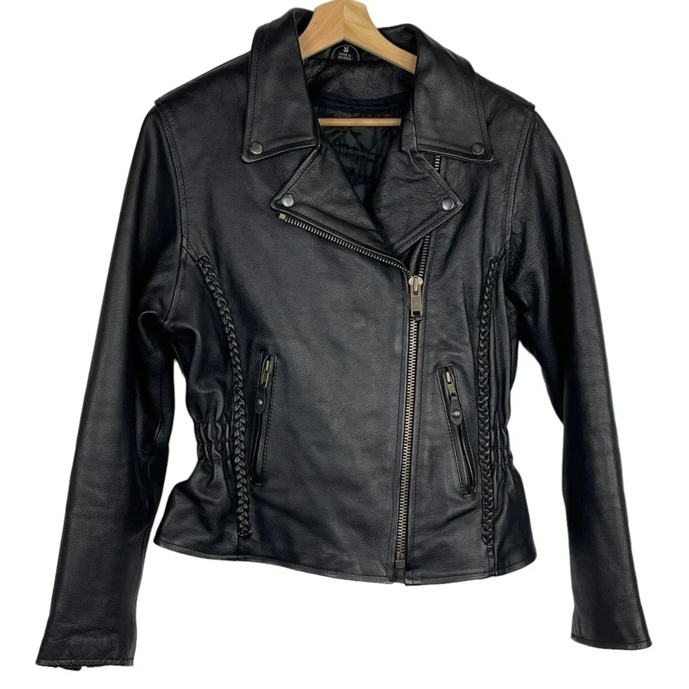 BIKERS DREAM APPAREL HEAVY LEATHER ZIP UP BRAIDED TRIM MOTORCYCLE MOTO JACKET