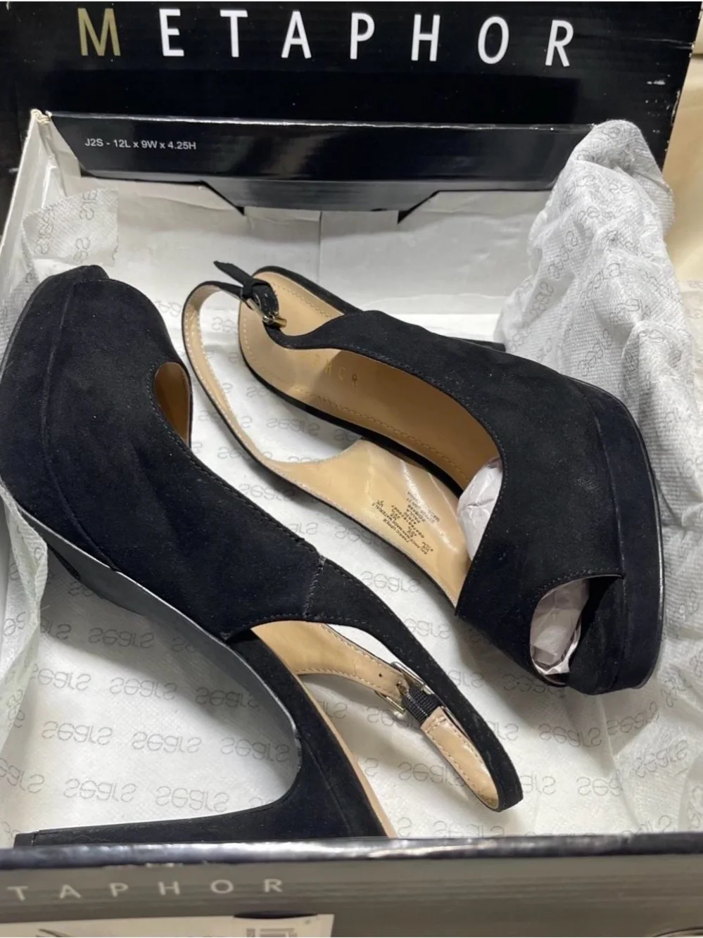 Metaphor Black Suede Peep-Toe Slingback Heels