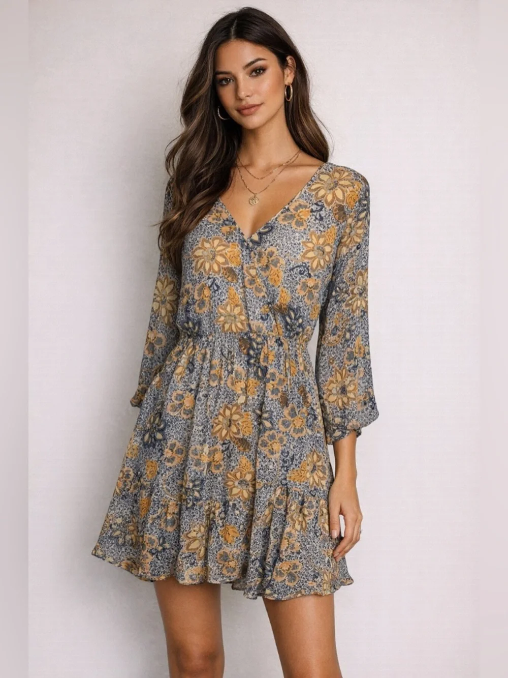 Free People Boho Floral Mini Dress‎ XS Flowy Bell Sleeve
