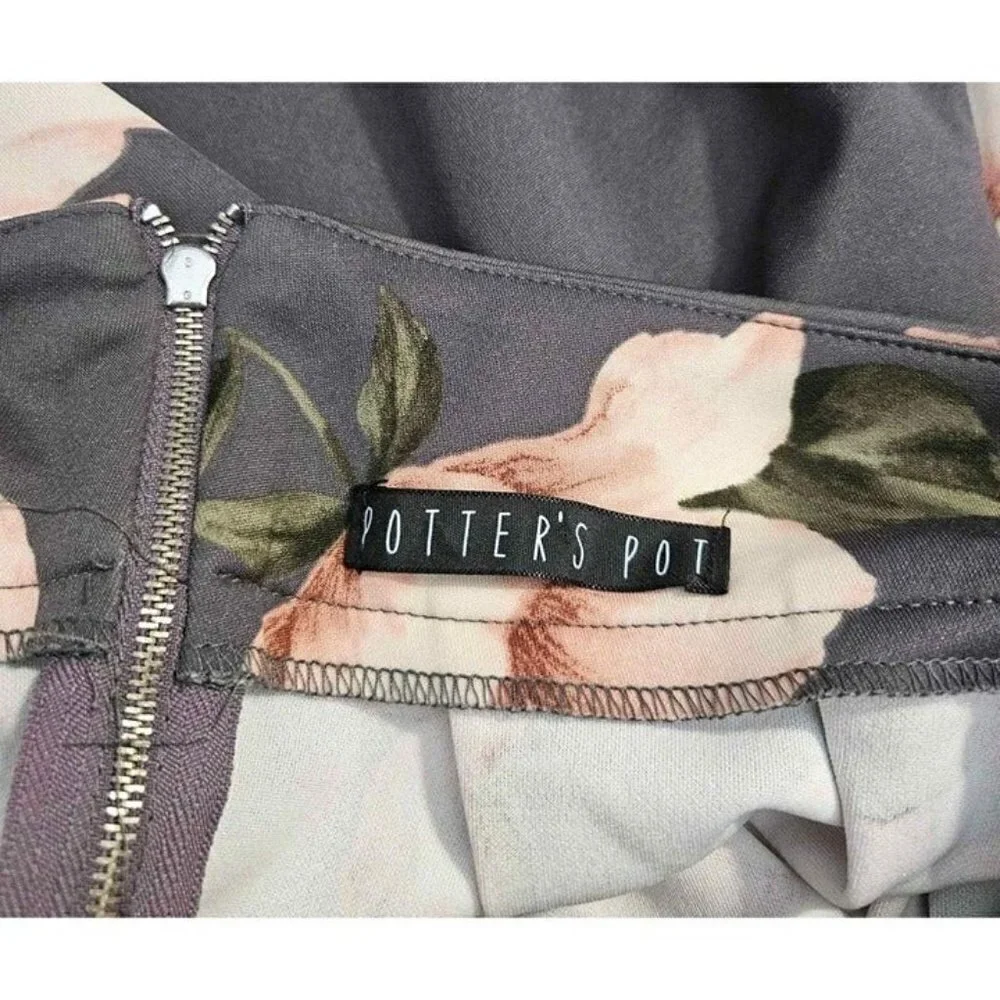 Potters Pot Womens Gray Peach Colored Bold Floral Print Zip Back Skirt Sz Small