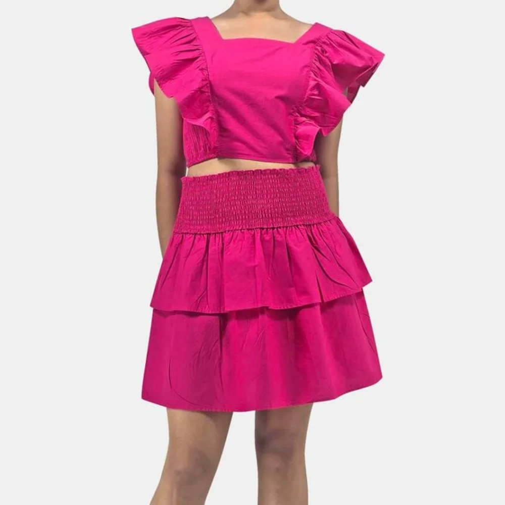 HT360 Collective Ruffle‎ Tie Back Crop Top Smocked Waist Tiered Cotton Skirt Set