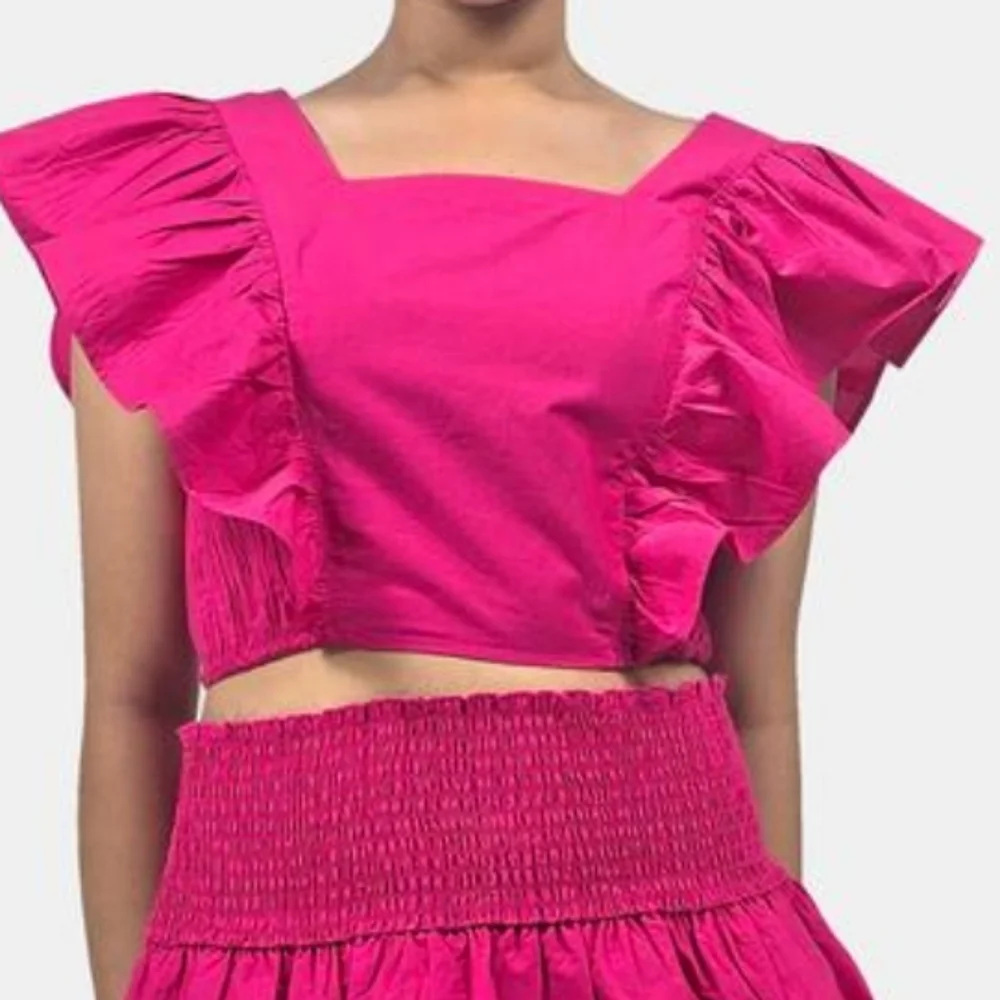 HT360 Collective Ruffle‎ Tie Back Crop Top Smocked Waist Tiered Cotton Skirt Set