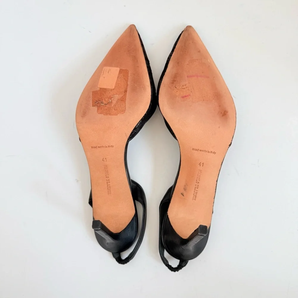 Manolo Blahnik Carolyne Slingback Pumps Black Metallic Jacquard laser cut EU 41