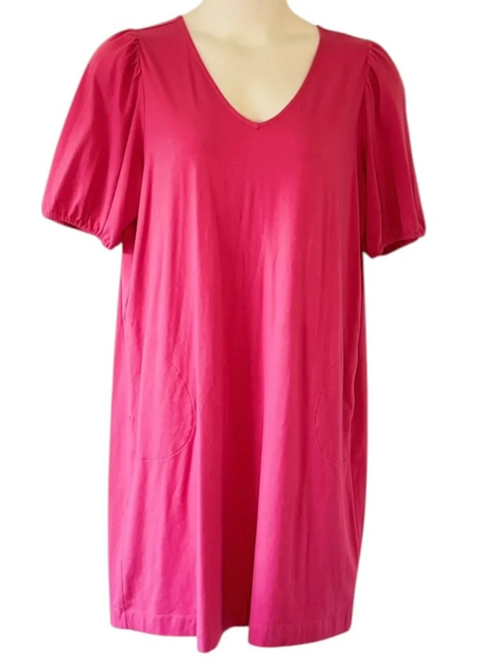 J. Jill Modal Knit Shift Dress Pockets Large V Neck Puffed Sleeve Hot Pink Beach