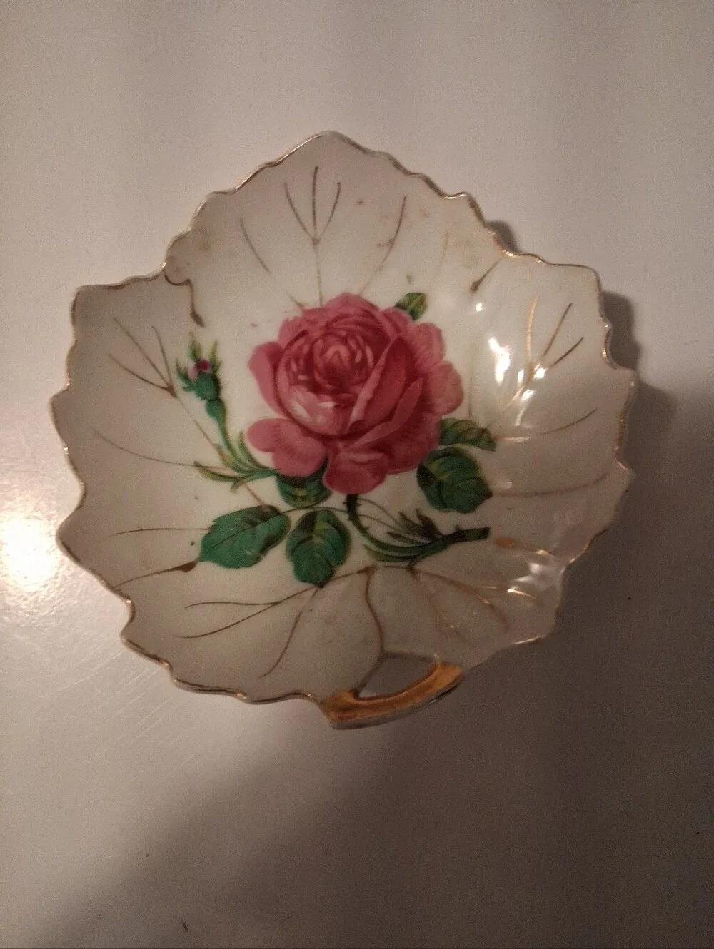 Vintage Leaf-Shaped Trinket Dish Porcelain,  Pink Rose Motif