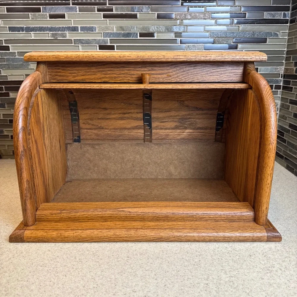 Vintage Solid Oak Roll Top Bread Box Handcrafted Amish Made Rustic Kitchen Decor