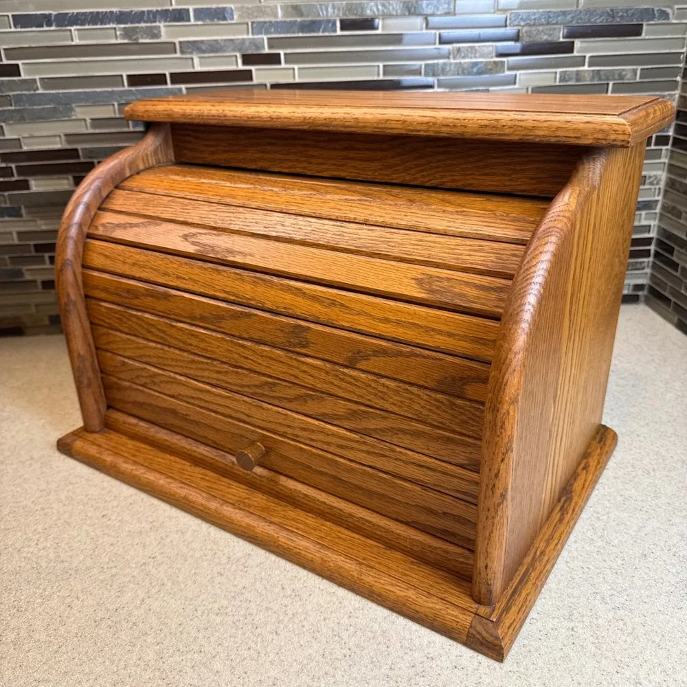 Vintage Solid Oak Roll Top Bread Box Handcrafted Amish Made Rustic Kitchen Decor