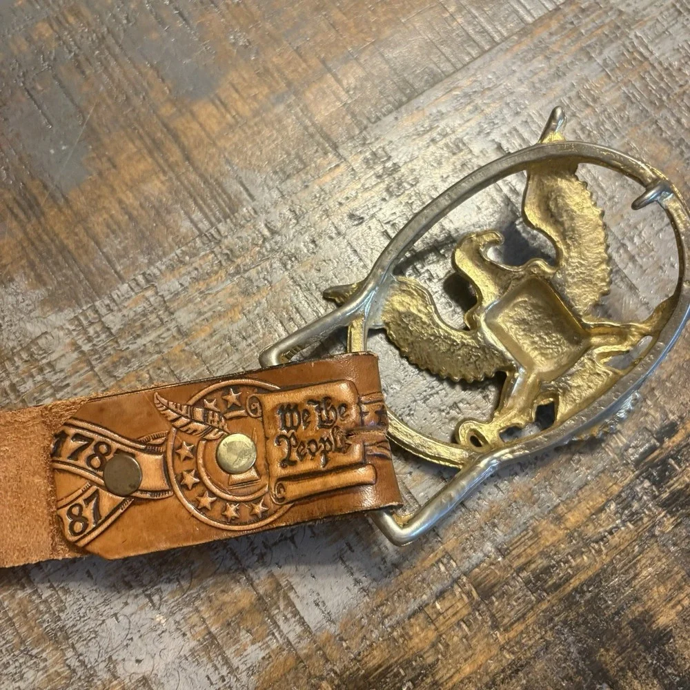 Vintage American Eagle Buckle & Leather Americana Flag Belt Elvis Men's M 34-38
