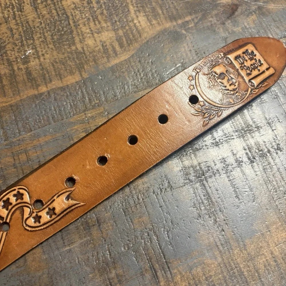 Vintage American Eagle Buckle & Leather Americana Flag Belt Elvis Men's M 34-38