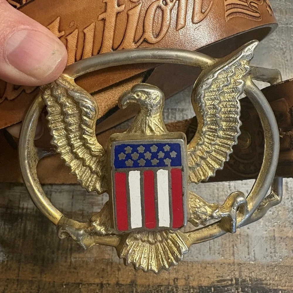 Vintage American Eagle Buckle & Leather Americana Flag Belt Elvis Men's M 34-38
