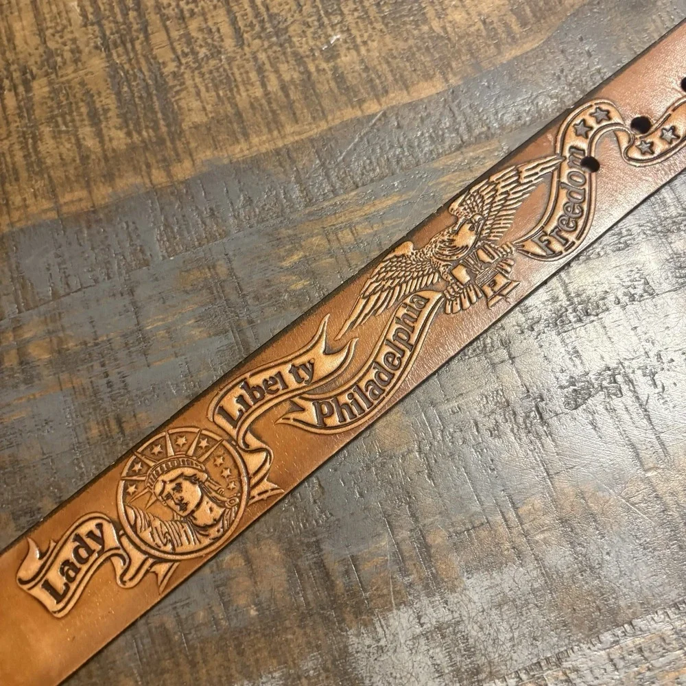 Vintage American Eagle Buckle & Leather Americana Flag Belt Elvis Men's M 34-38