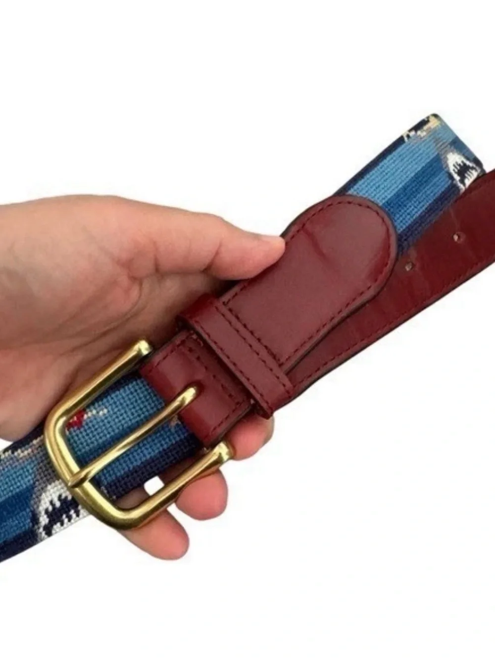 Tucker Blair Brown Leather Shark Swimmer Needlepoint Brass Buckle Belt Sz 34