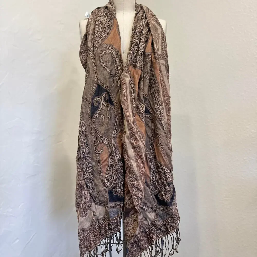 Vintage Paisley Pashmina Style Fringe Scarf Wrap Shawl Neutral Tones