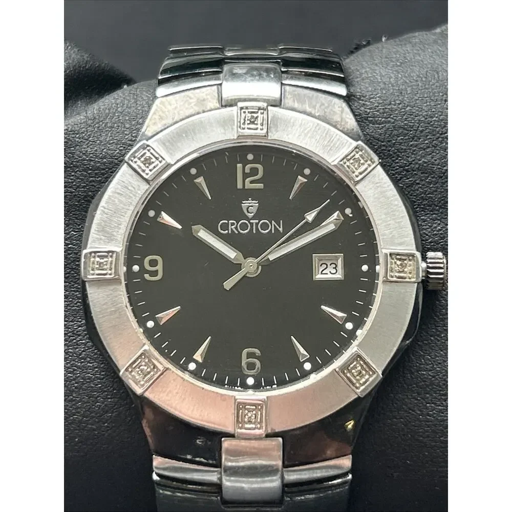 Croton Black And Silver Diamond Accented Bezel Men’s Swiss Quartz Watch