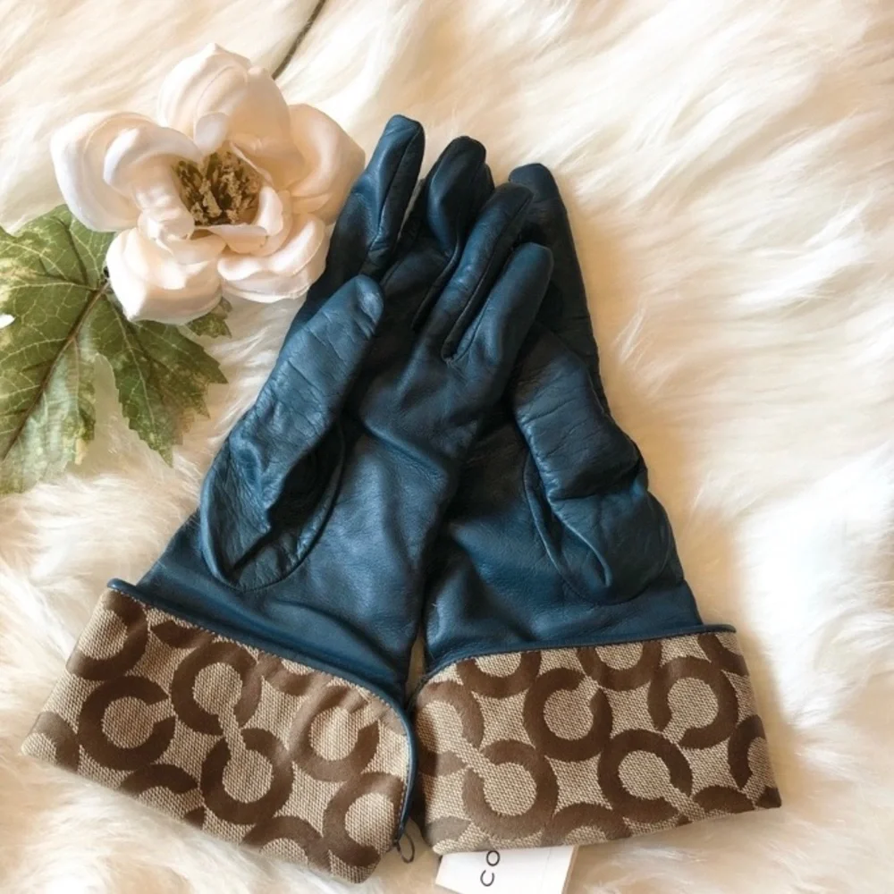 Coach Signature Gloves Moroccan Blue Leather Cashmere Lined Op Art