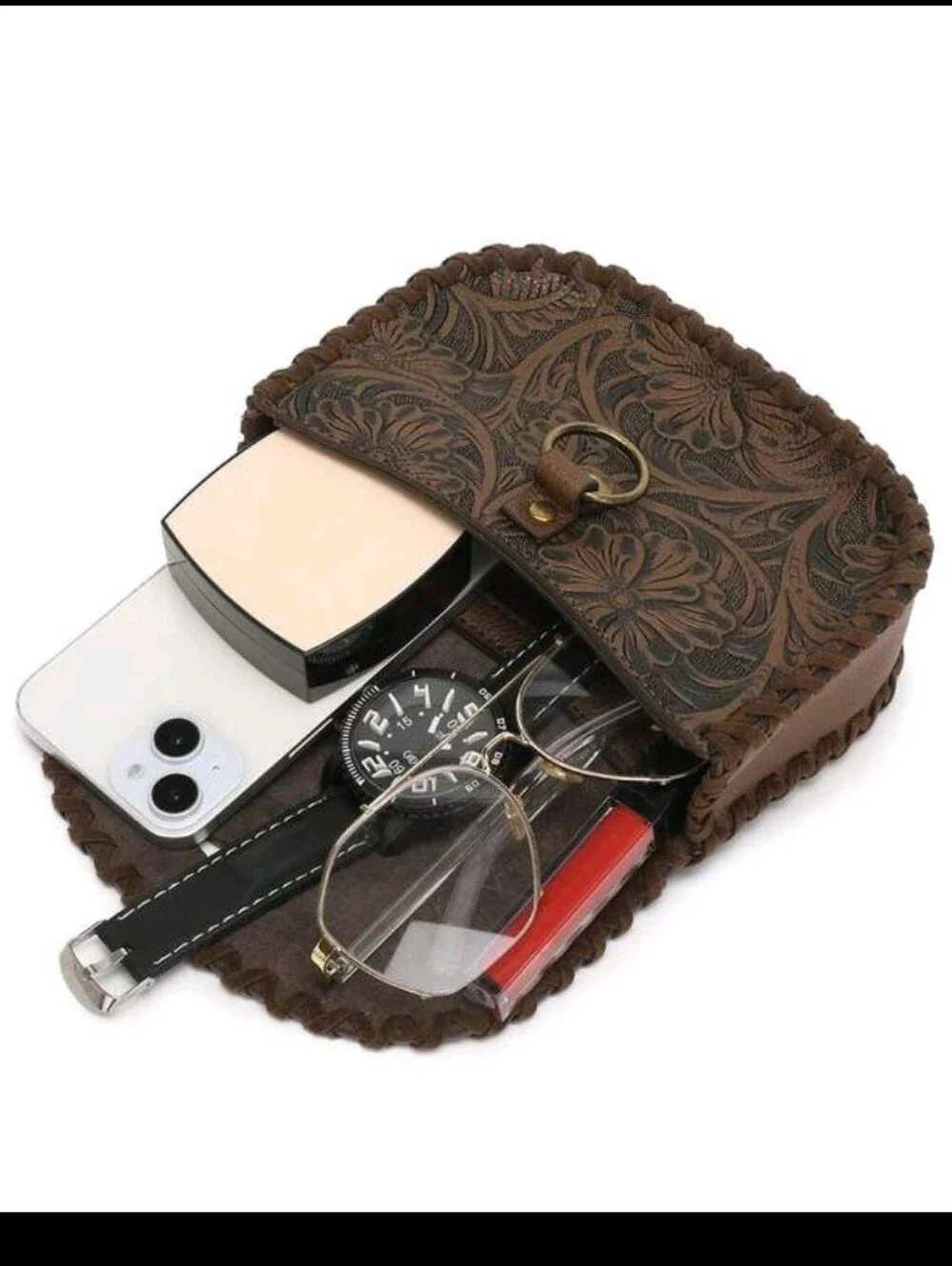 Brown Tooled Faux Leather Belt Bag