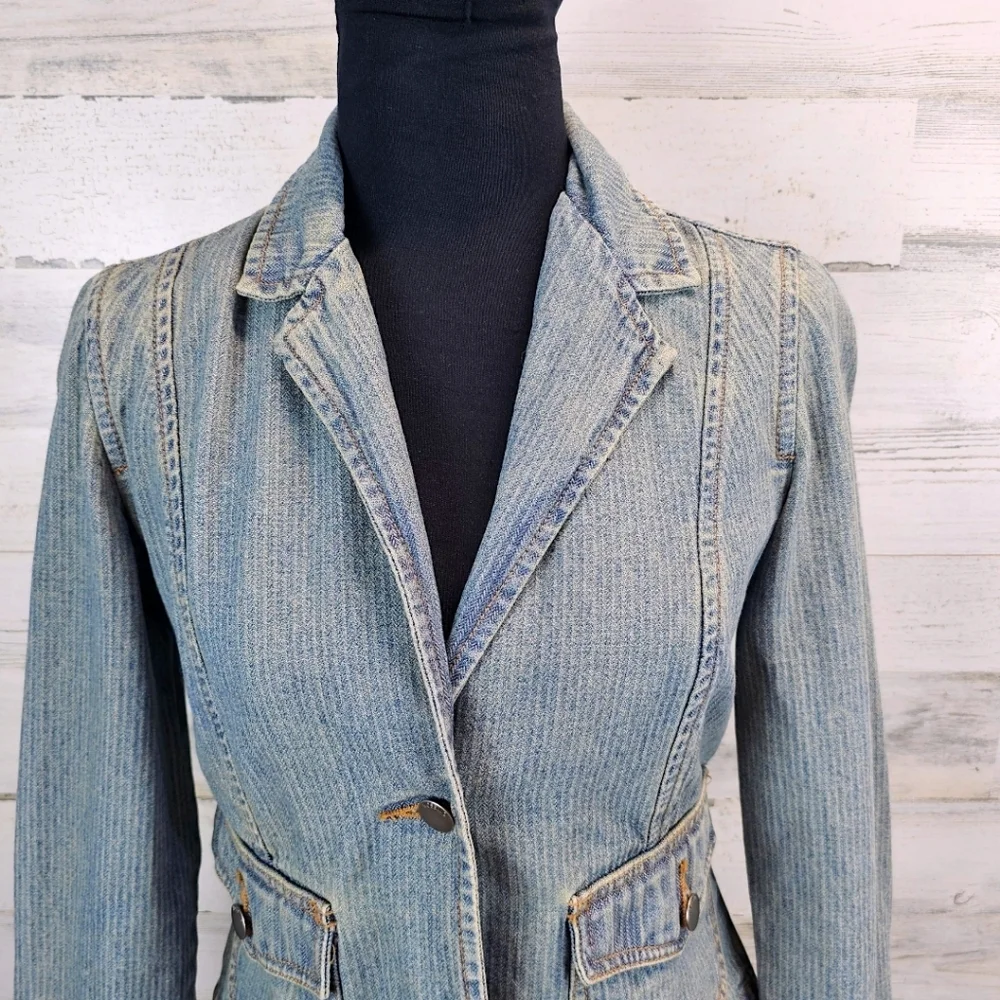 True Vintage Mossimo Paris Hilton Style Fitted Y2K Pinstripe Denim Jacket Small