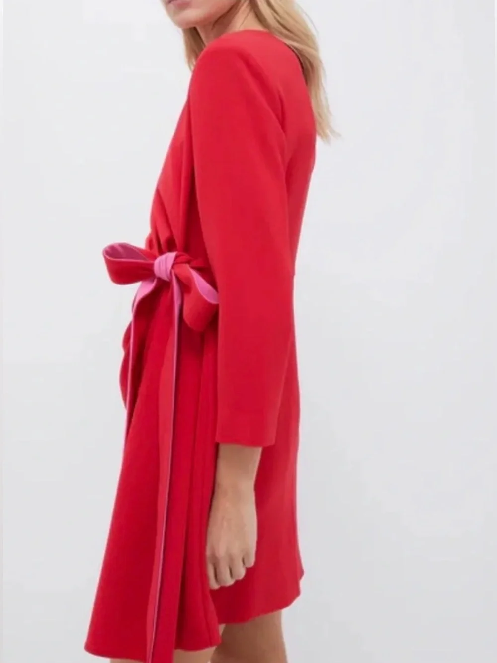 Tuckernuck Sienna Wrap Mini Dress Crepe Long Sleeve Poppy Red & Hot Pink XL NWT