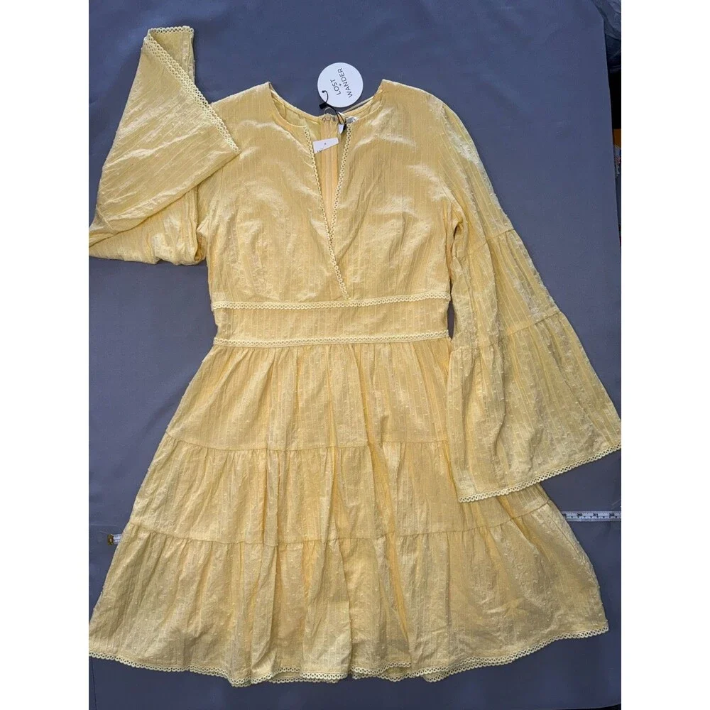 Lost + Wander Yellow V-neck Flared Sleeves Fit & Flare Tier Dress Size M