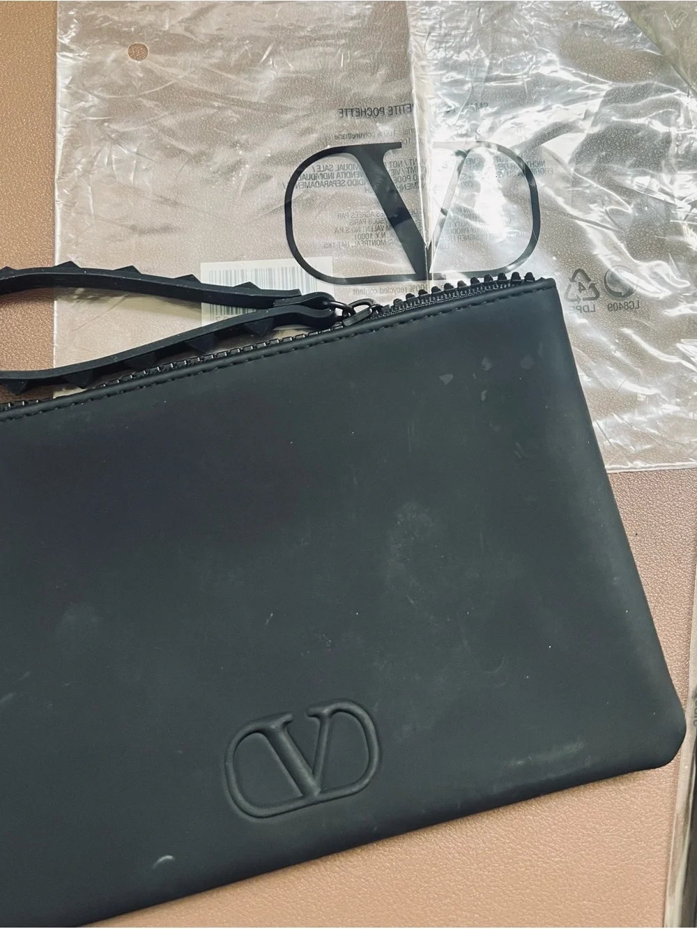 Valentino Black Pouch with Studded Strap and Bundle of Makeup Brushes