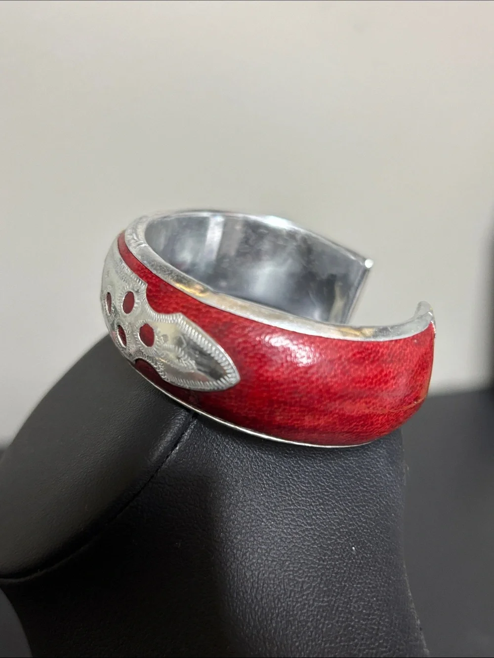 Handcrafted Red Leather Silver Tone Bangle Cuff Bracelet - Women Jewelry