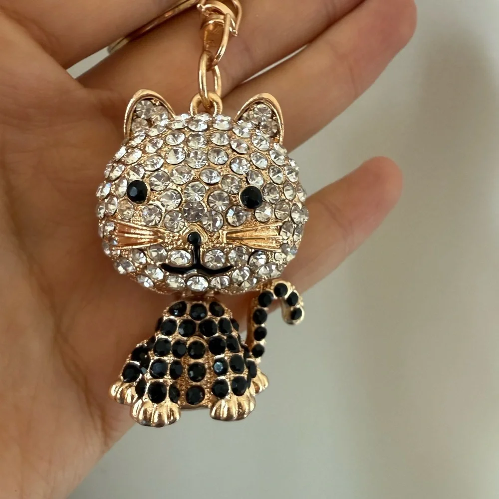 Gold and Clear Crystal Cat Keychain