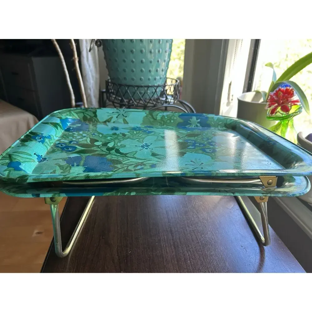 VTG 1960’S-70’S Metal Floral Design TV Tray Table blue green MCM