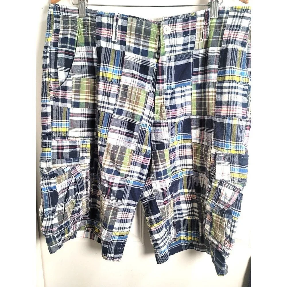 Old Navy Patchwork Madras Cargo Shorts Mens 34Multicolor Plaid Preppy Y2k 90s‎
